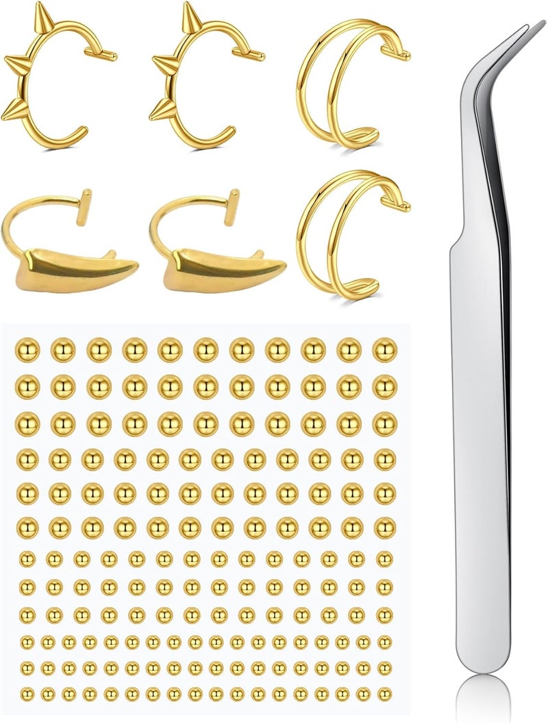JFORYOU Fake Eyebrow Ring Fake Lip Labret Studs Replacement Balls Spike with 100pcs Sticker Non-Piercing Body Jewelry Fake Skin Piercing - Image 1
